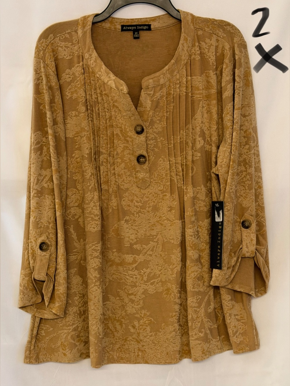 Always Indigo Women's Tan Printed Henley Tunic - Relaxed Pintuck Detail